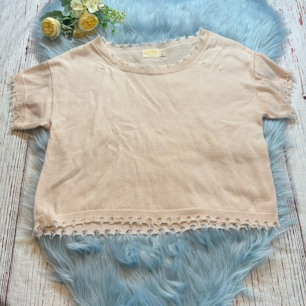 Nation LTD Light Pink Short Sleeve Cropped Frayed Hem Sweater Top sz S